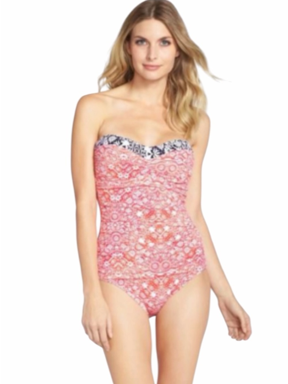 Tommy Bahama One-Piece Swimsuit Ruched Coral Medallion Size 4